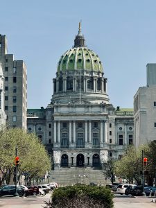 The Pennsylvania State Capitol building in Harrisburg captured on a bright spring day.