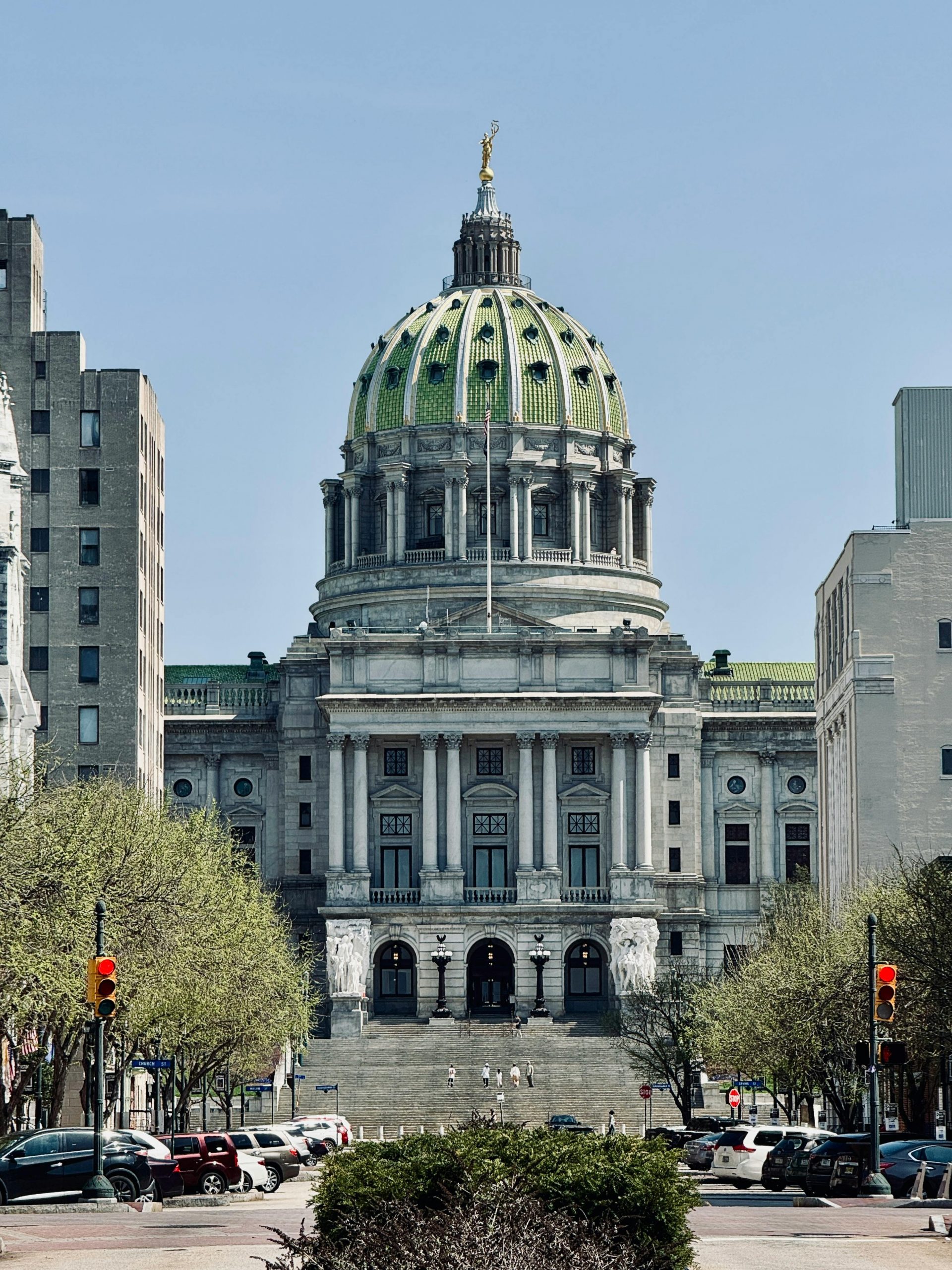 The Pennsylvania State Capitol building in Harrisburg captured on a bright spring day.
